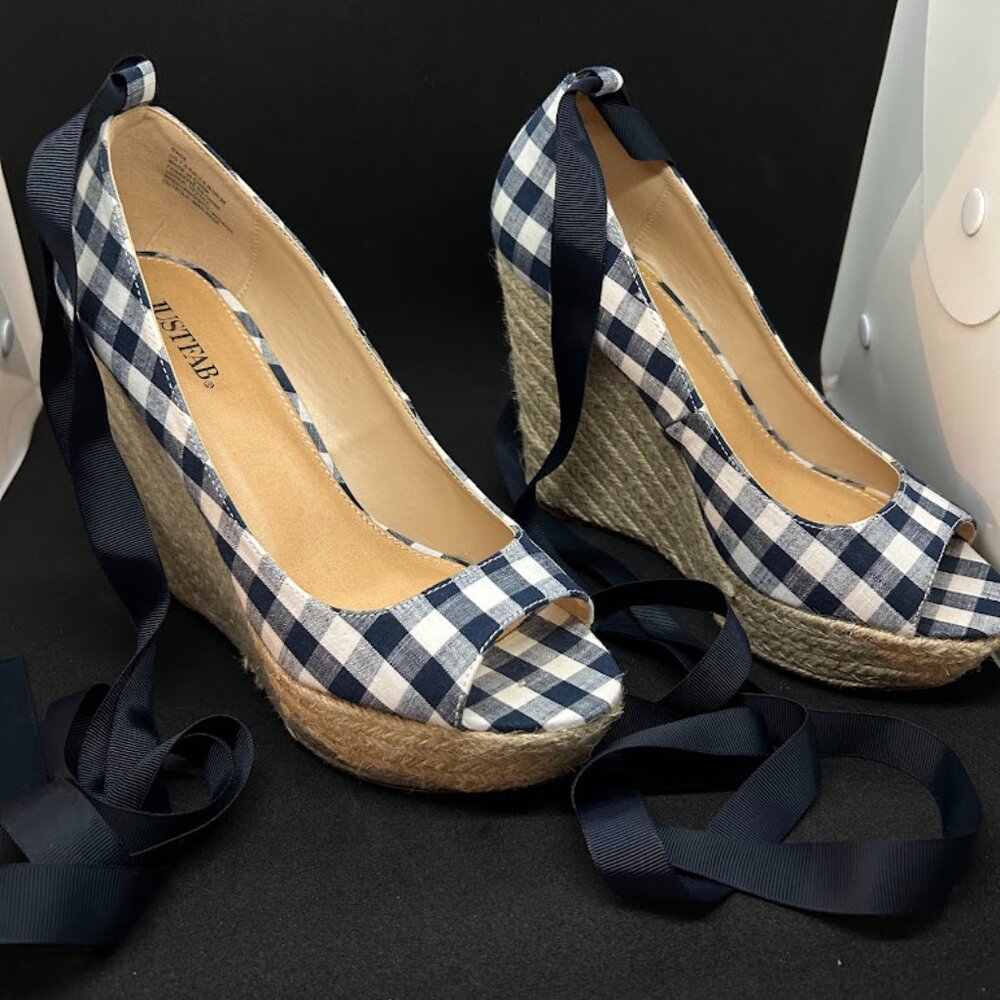 JustFab Navy Gingham Espadrille Wedge Heels – Lace-Up Peep Toe, Size 7.5